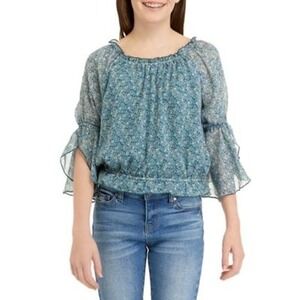 Beautees Big Girls Floral Printed 3/4 Elbow Sleeve Blouse Top - Teal - Size L